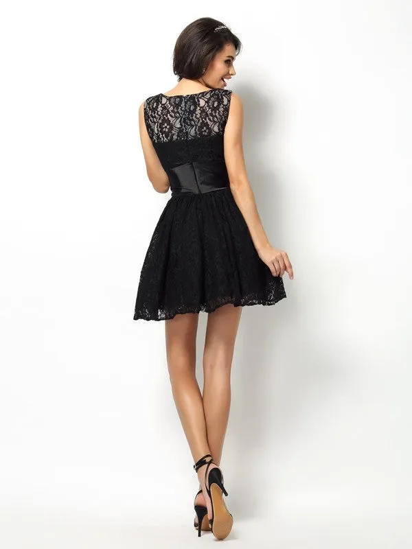 A-Line Lace Bateau Sleeveless Short/Mini With Lace Bridesmaid Dresses