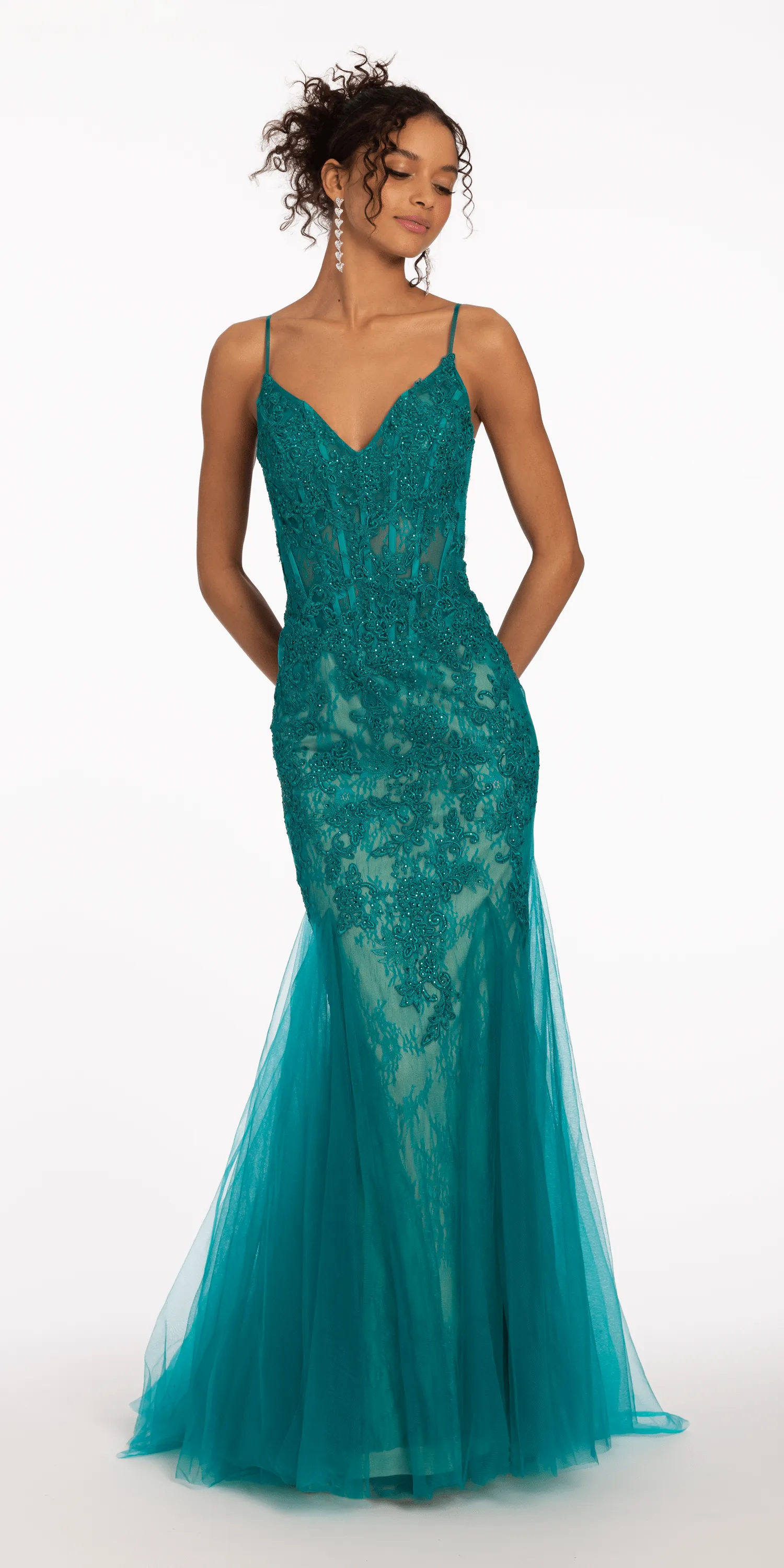 All Over Embroidered Godet Dress with Heat Set Stones
