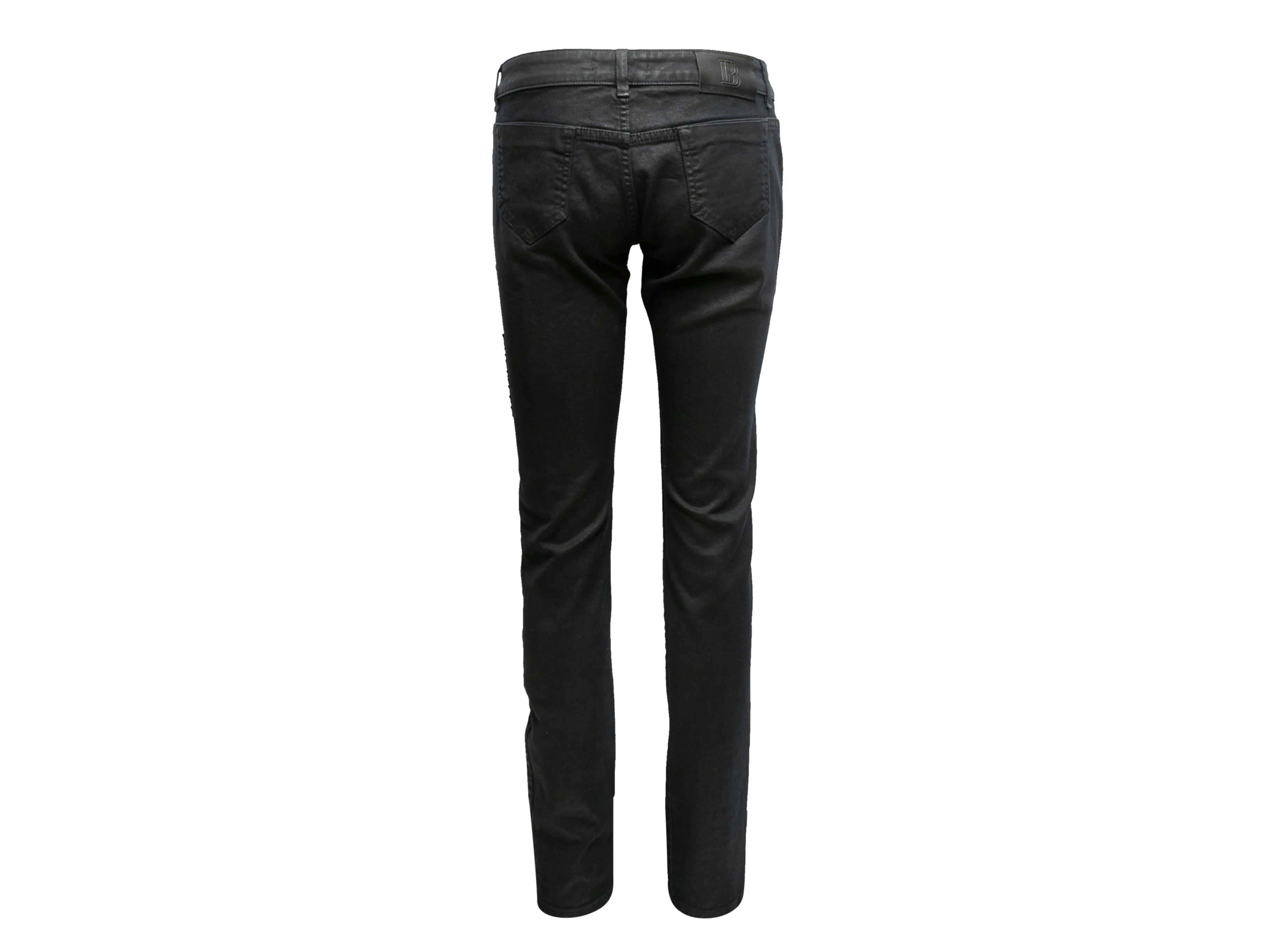 Black Pierre Balmain Waxed Patch-Embellished Skinny Jeans Designer Size 28