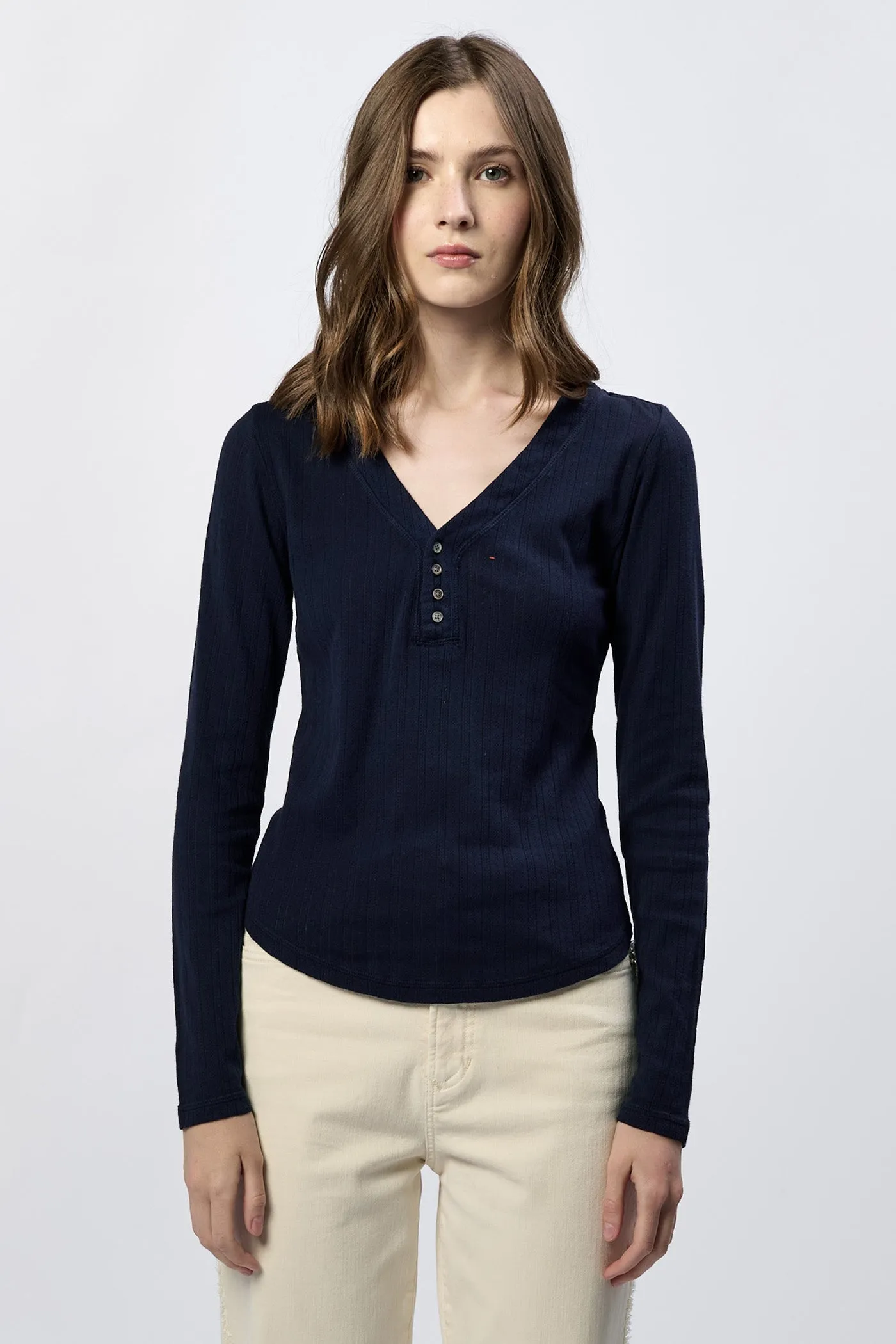 CORTADO LONG SLEEVE FITTED HENLEY TOP BLACK IRIS