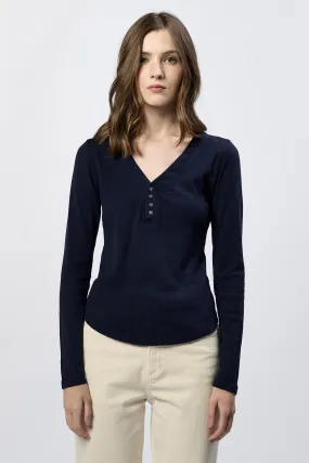 CORTADO LONG SLEEVE FITTED HENLEY TOP BLACK IRIS