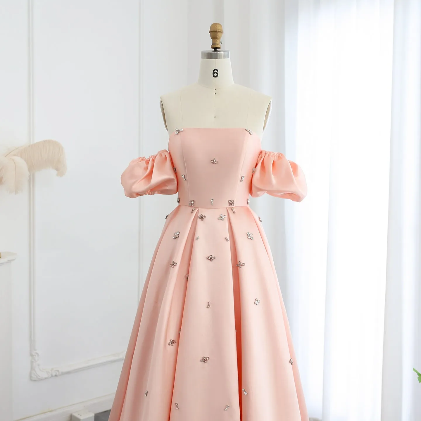 Crystal Blush Pink Satin Off-Shoulder Evening Dresses SS442