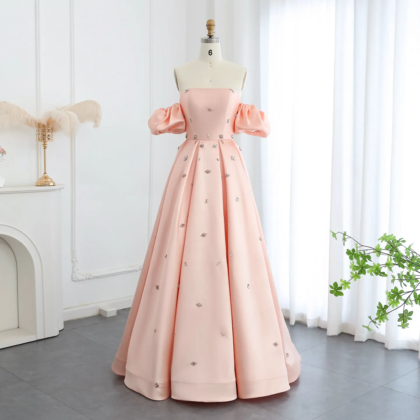 Crystal Blush Pink Satin Off-Shoulder Evening Dresses SS442