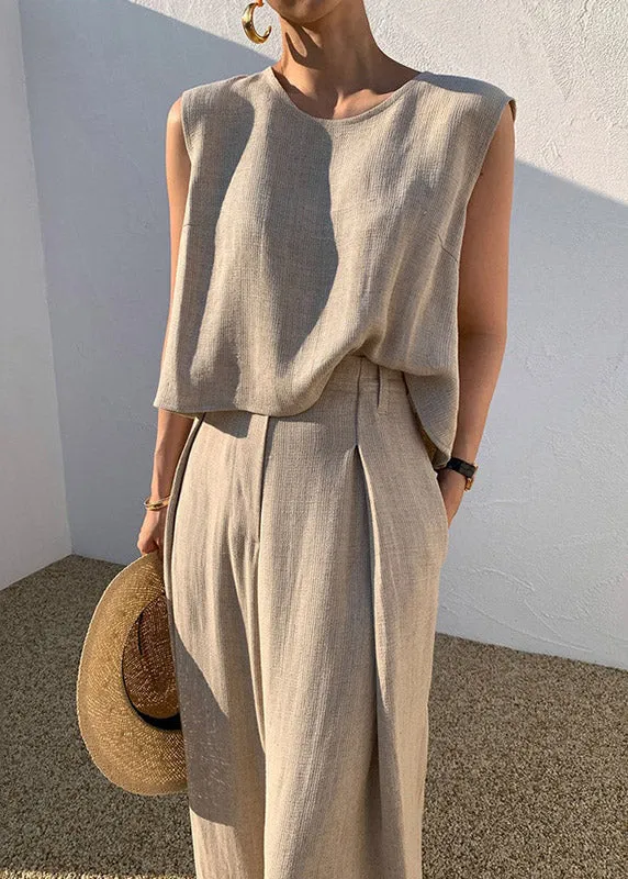 DIY Khaki O-Neck Vests And Wide Leg Pants Two Pieces Set Summer LY3903
