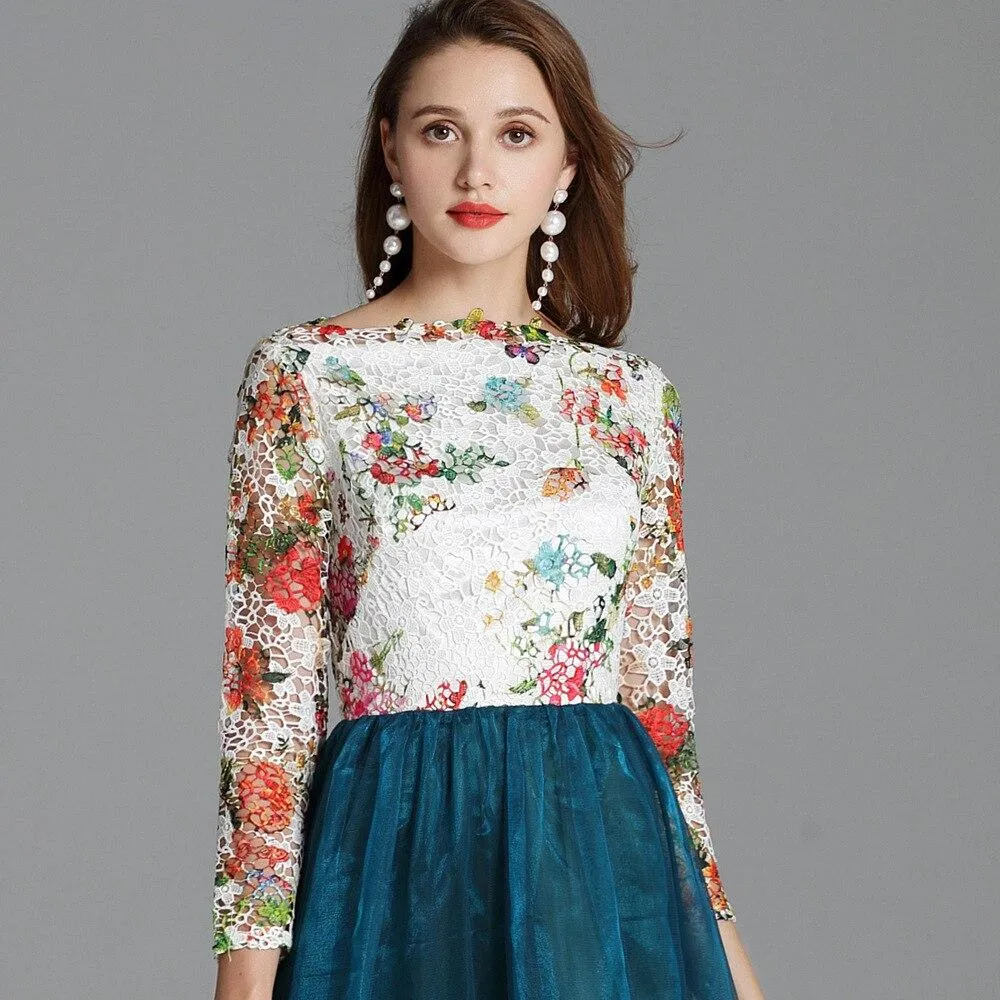 FashionSierra - Slash Neckline Embroidery Lace Party Prom Long Sleeves Sequined Fashion Dresses