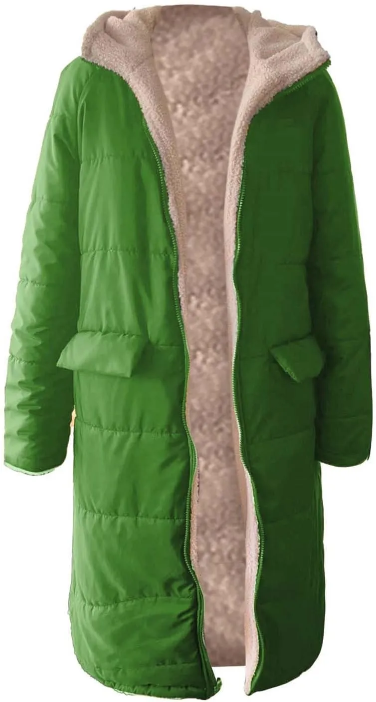 Long Sleeve Zip Puffer Jacket Coat Double Faced Long Sleeve Hooded Down Jacket With Faux Fur Removable Hood Womens