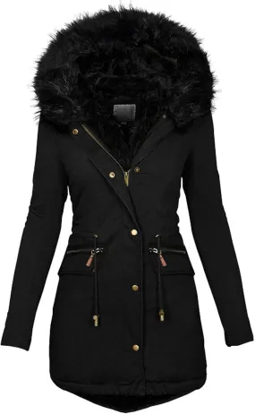 Long Winter Coat with Hood Slim Casual Thicker Fashion Women'S Coat Long Sleeve Full Zip Womens Clothing Black