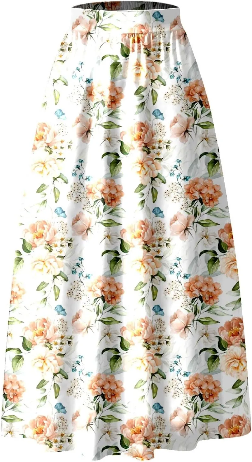 Maxi Skirt for Women Floral Print High Waist Boho Skirts 2025 Summer Beach Long Skirt Robe Loose Dress with Pockets