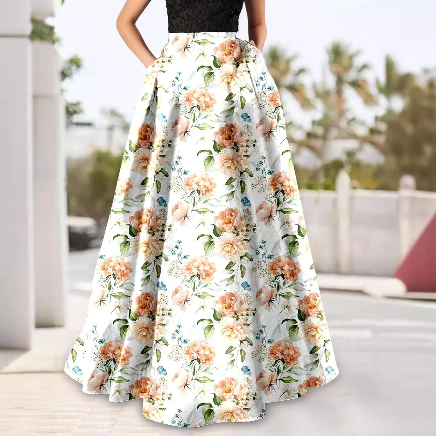 Maxi Skirt for Women Floral Print High Waist Boho Skirts 2025 Summer Beach Long Skirt Robe Loose Dress with Pockets
