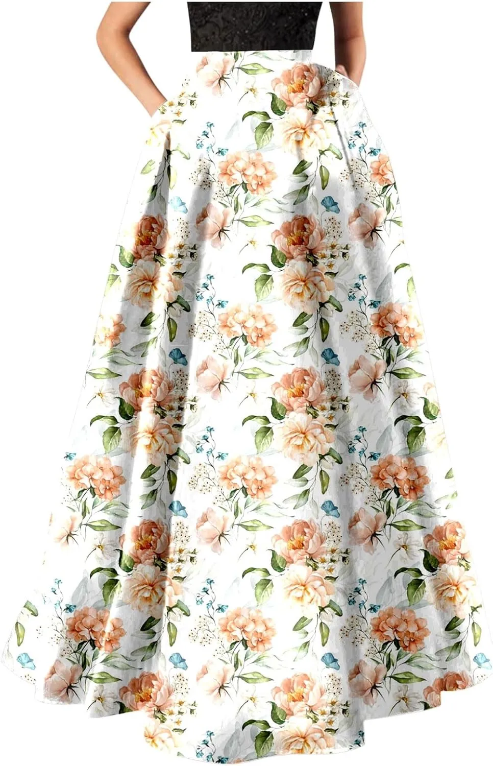Maxi Skirt for Women Floral Print High Waist Boho Skirts 2025 Summer Beach Long Skirt Robe Loose Dress with Pockets