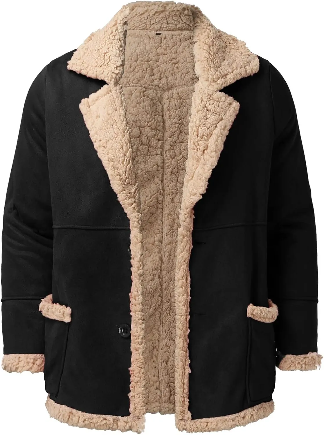 Mens Faux Suede Bomber Jacket Heavyweight Sherpa Fleece Lined Button Down Winter Coats Warm Flight Jackets Outwear