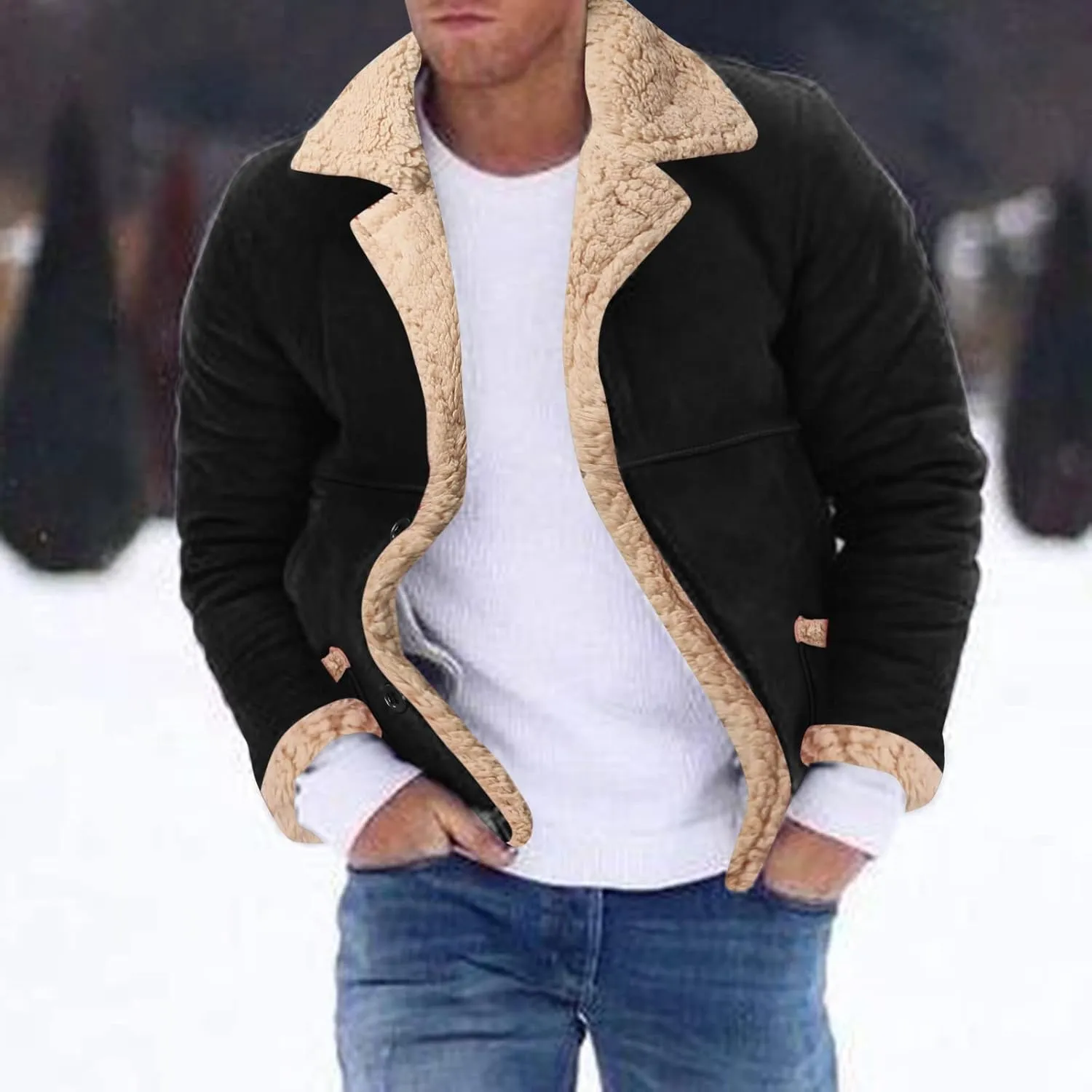 Mens Faux Suede Bomber Jacket Heavyweight Sherpa Fleece Lined Button Down Winter Coats Warm Flight Jackets Outwear