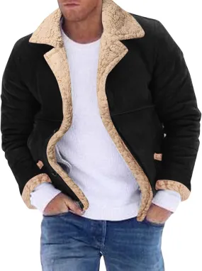 Mens Faux Suede Bomber Jacket Heavyweight Sherpa Fleece Lined Button Down Winter Coats Warm Flight Jackets Outwear