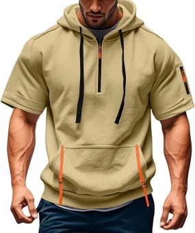 Mens Gym T Shirts Short Sleeve Henley Collar Shirt Casual Tactical Military Sweatshirt Multipockets Cargo Sports T Shirt Summer Zipper Hooded Jacket Khaki
