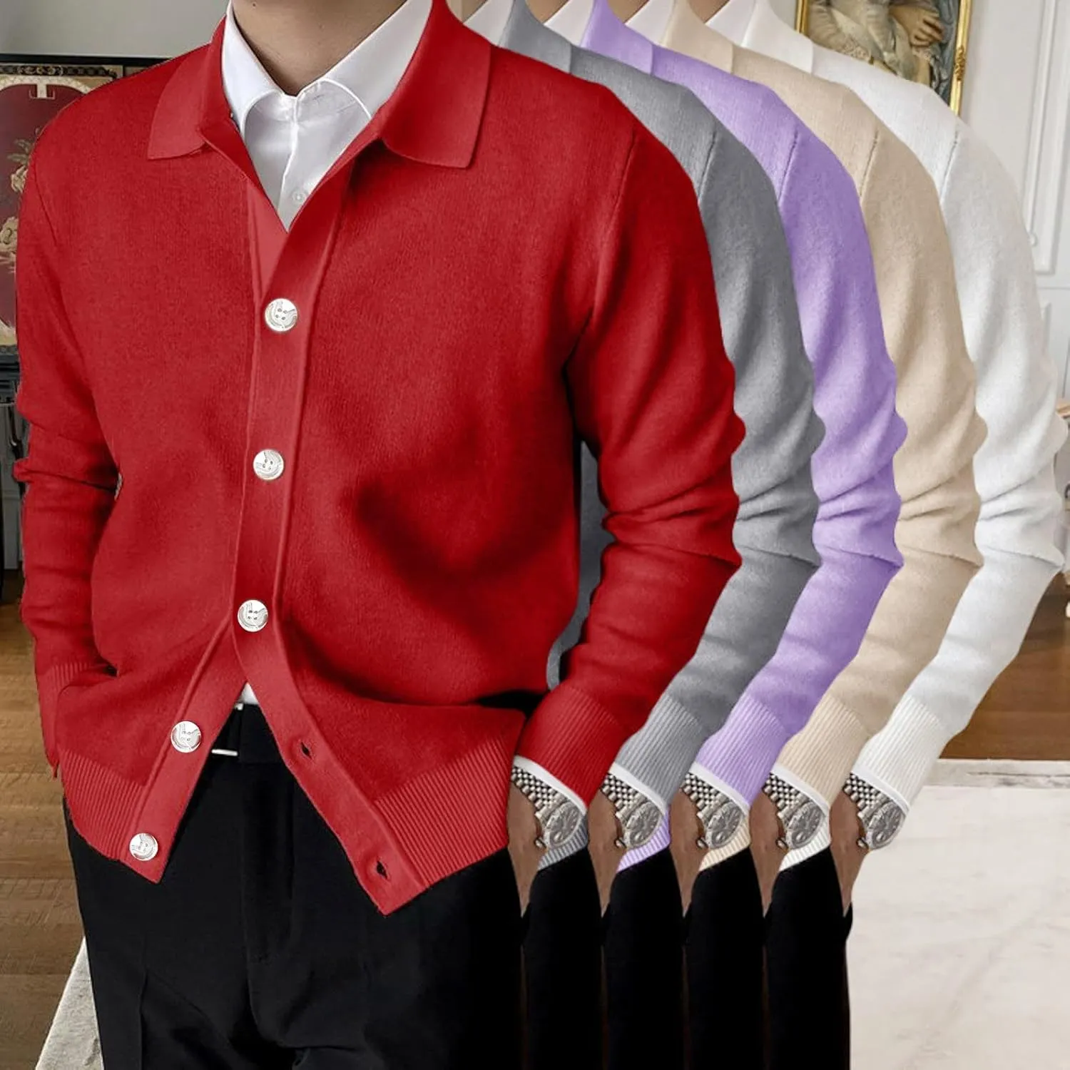 Mens Long Sleeve Knit Polo Shirt Lapel Collar Cardigan Sweater Casual Button Down Knitted Sweater Cardigan Jackets