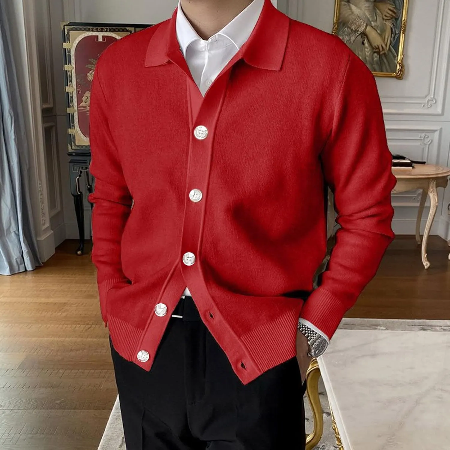 Mens Long Sleeve Knit Polo Shirt Lapel Collar Cardigan Sweater Casual Button Down Knitted Sweater Cardigan Jackets