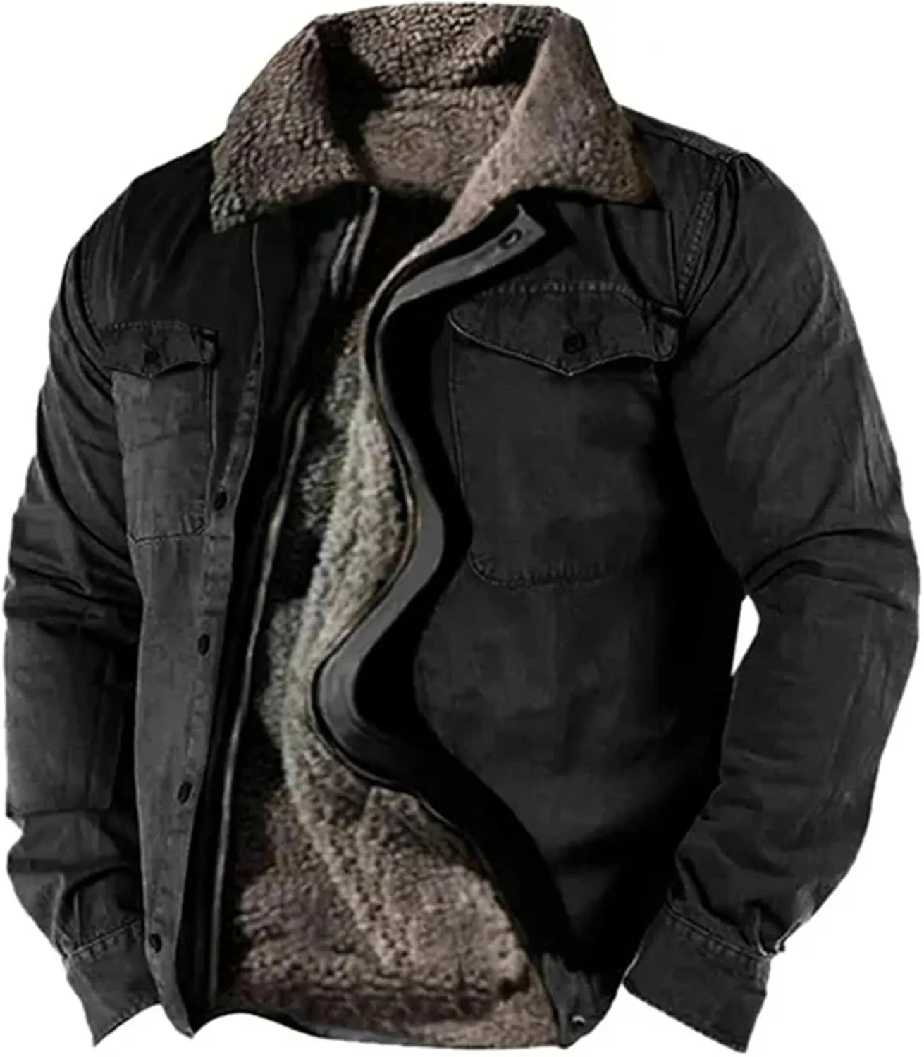 Mens Sherpa Jacket Fleece Line Western Plaid Flannel Zip Up Thickened Thermal Construction for Seeking Heavyweight