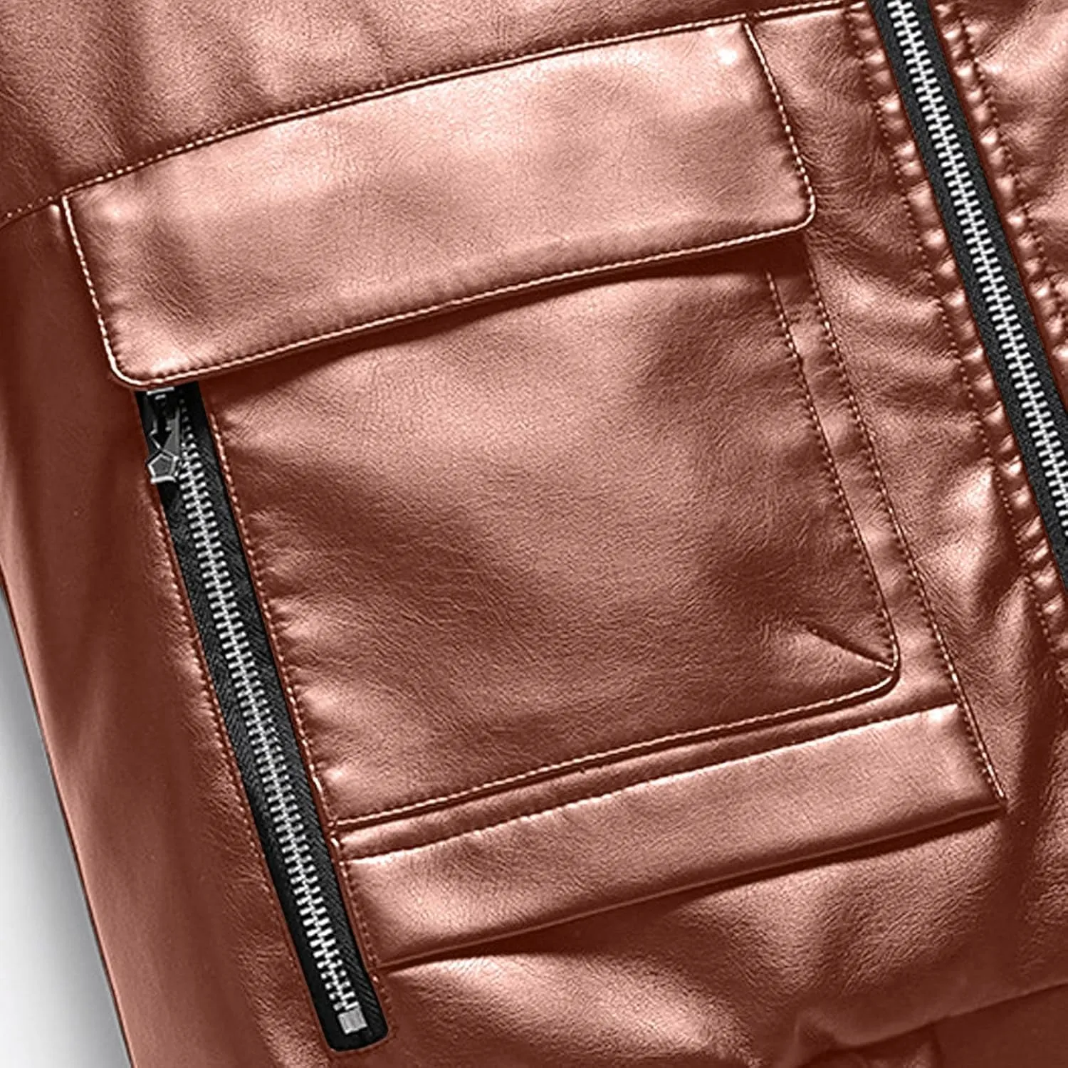 Men's Sherpa Lined Leather Jacket Winter Warm Coats Full Zip Lapel Moto Biker Jackets with Zipper Pockets