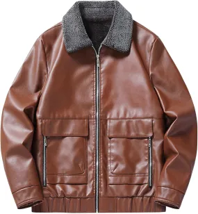 Men's Sherpa Lined Leather Jacket Winter Warm Coats Full Zip Lapel Moto Biker Jackets with Zipper Pockets