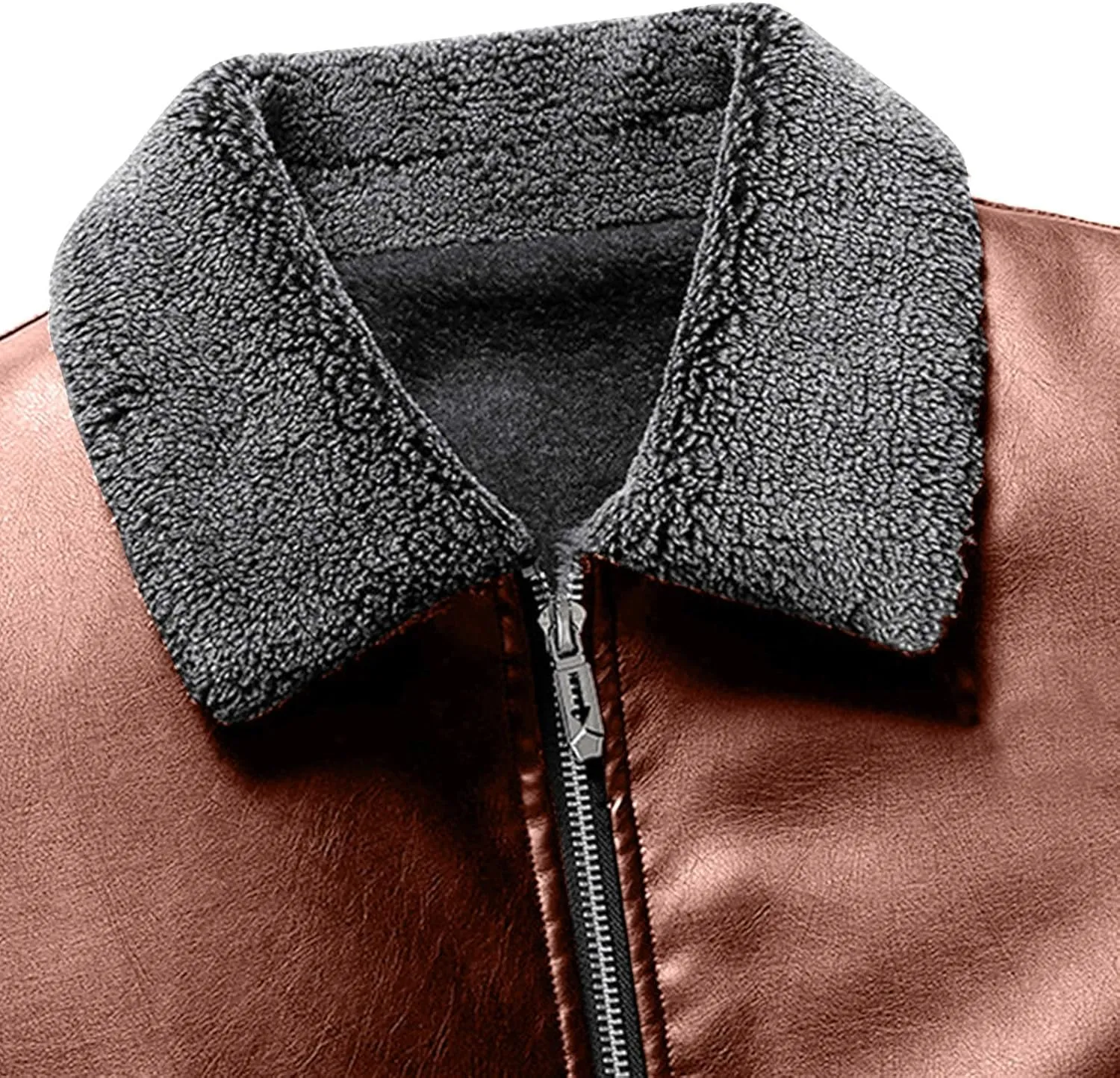 Men's Sherpa Lined Leather Jacket Winter Warm Coats Full Zip Lapel Moto Biker Jackets with Zipper Pockets