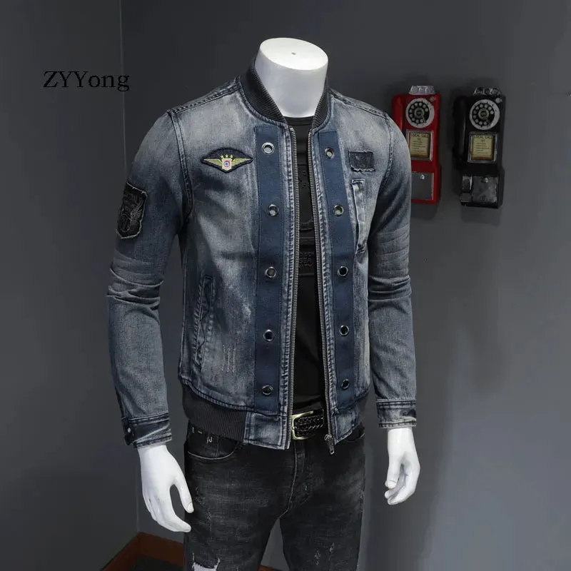 New Premium Quality  Designed Stand Collar Patch Bomber Pilot Blue Jacket Men  Casual Wear