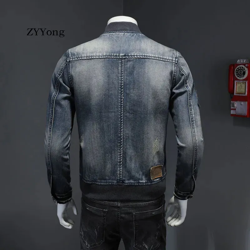 New Premium Quality  Designed Stand Collar Patch Bomber Pilot Blue Jacket Men  Casual Wear