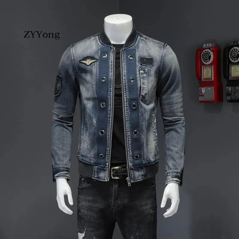 New Premium Quality  Designed Stand Collar Patch Bomber Pilot Blue Jacket Men  Casual Wear