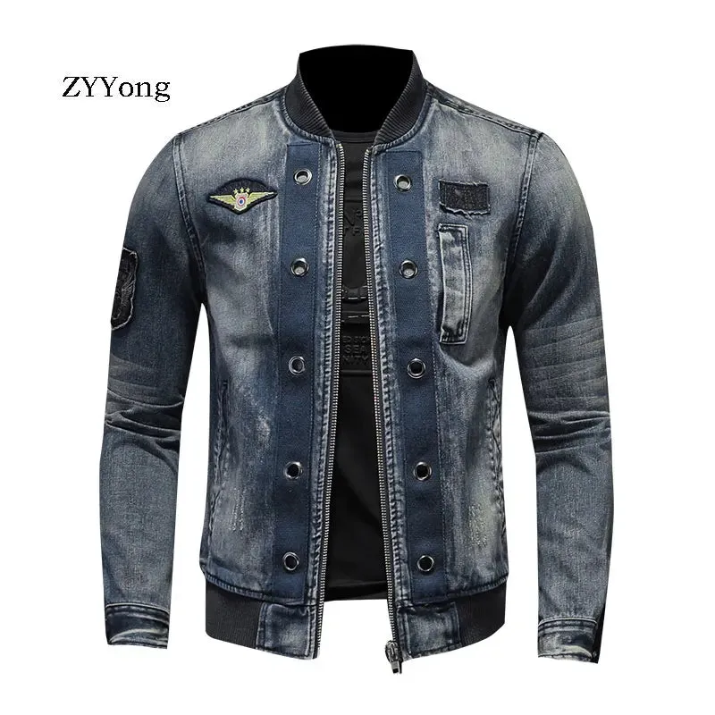 New Premium Quality  Designed Stand Collar Patch Bomber Pilot Blue Jacket Men  Casual Wear