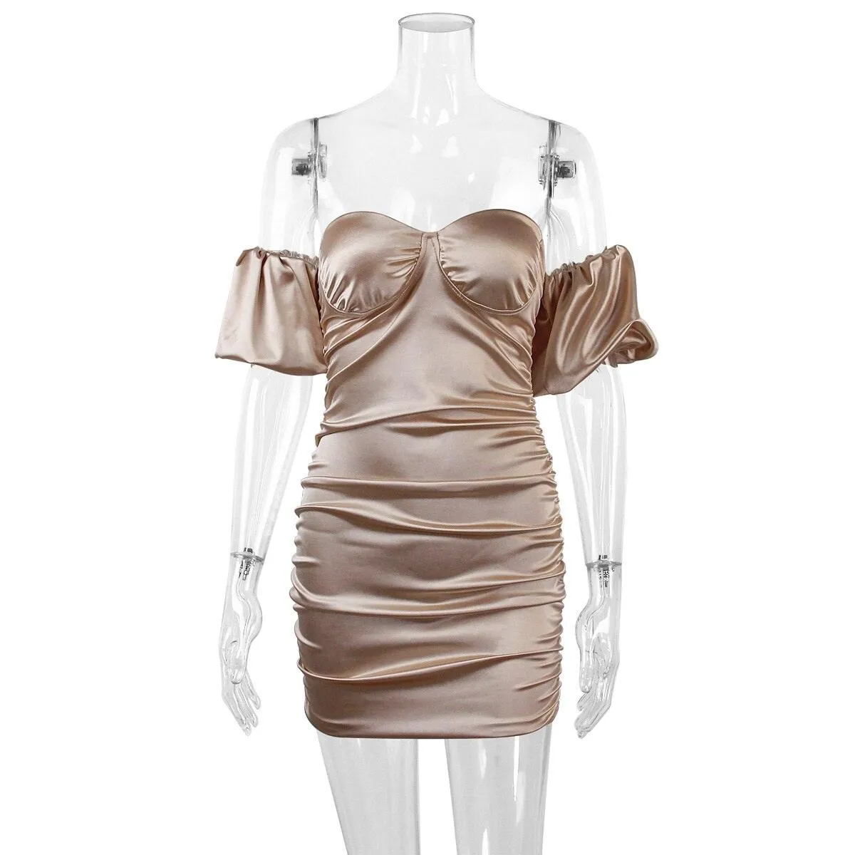 Satin Off-Shoulder Ruched Puff Sleeve Backless Bodycon Mini Dress