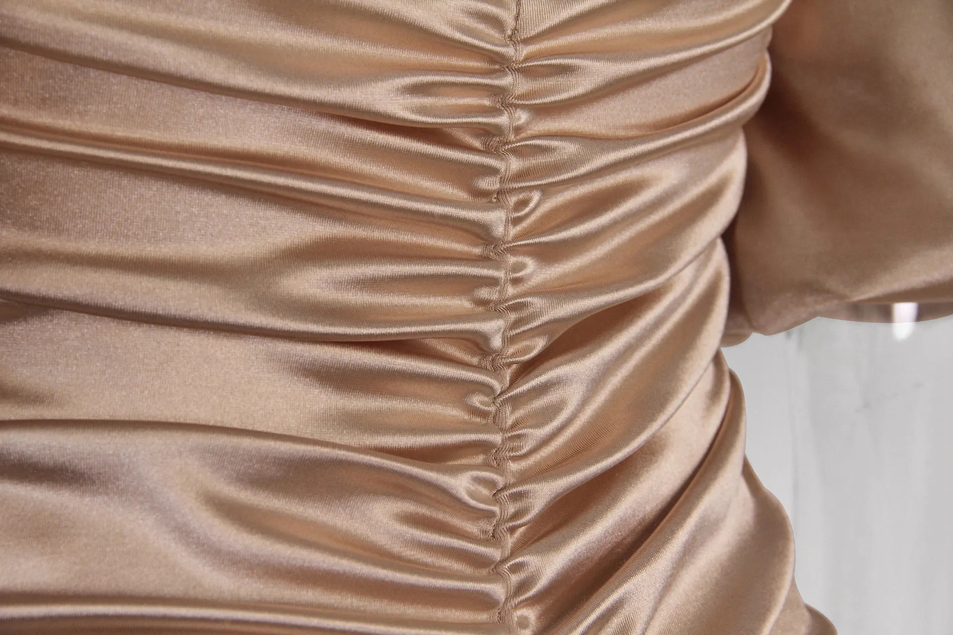 Satin Off-Shoulder Ruched Puff Sleeve Backless Bodycon Mini Dress