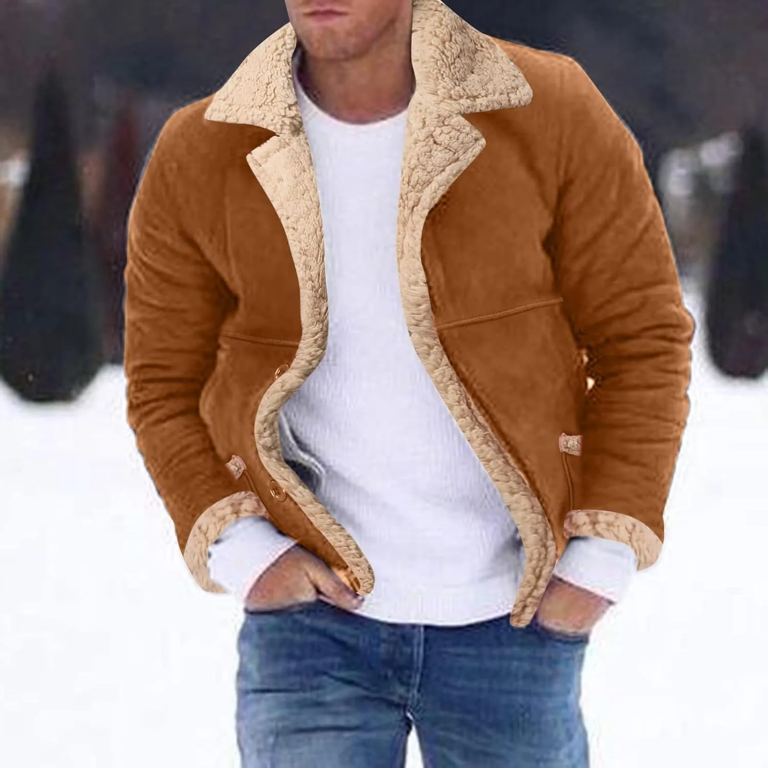 Suede Jacket Men Shearling Fur Lined Bomber Jacket Warm Winter Coat Crop Faux Leather Jacket Lapel Casual Outwear