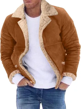 Suede Jacket Men Shearling Fur Lined Bomber Jacket Warm Winter Coat Crop Faux Leather Jacket Lapel Casual Outwear