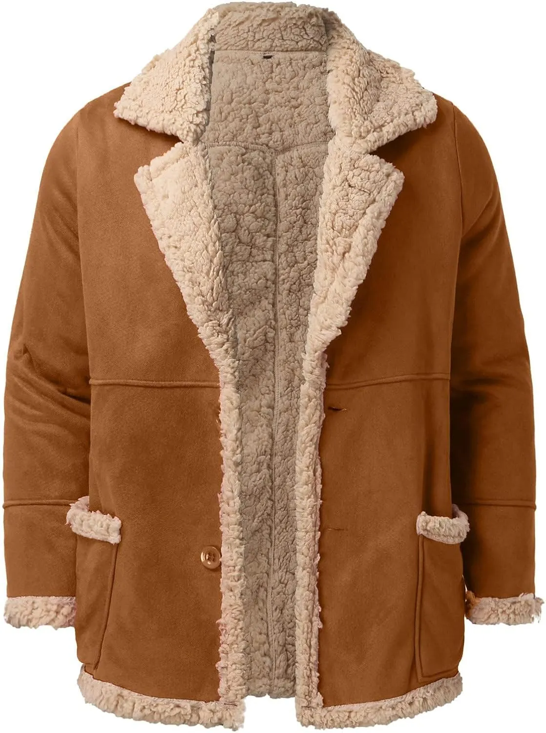 Suede Jacket Men Shearling Fur Lined Bomber Jacket Warm Winter Coat Crop Faux Leather Jacket Lapel Casual Outwear