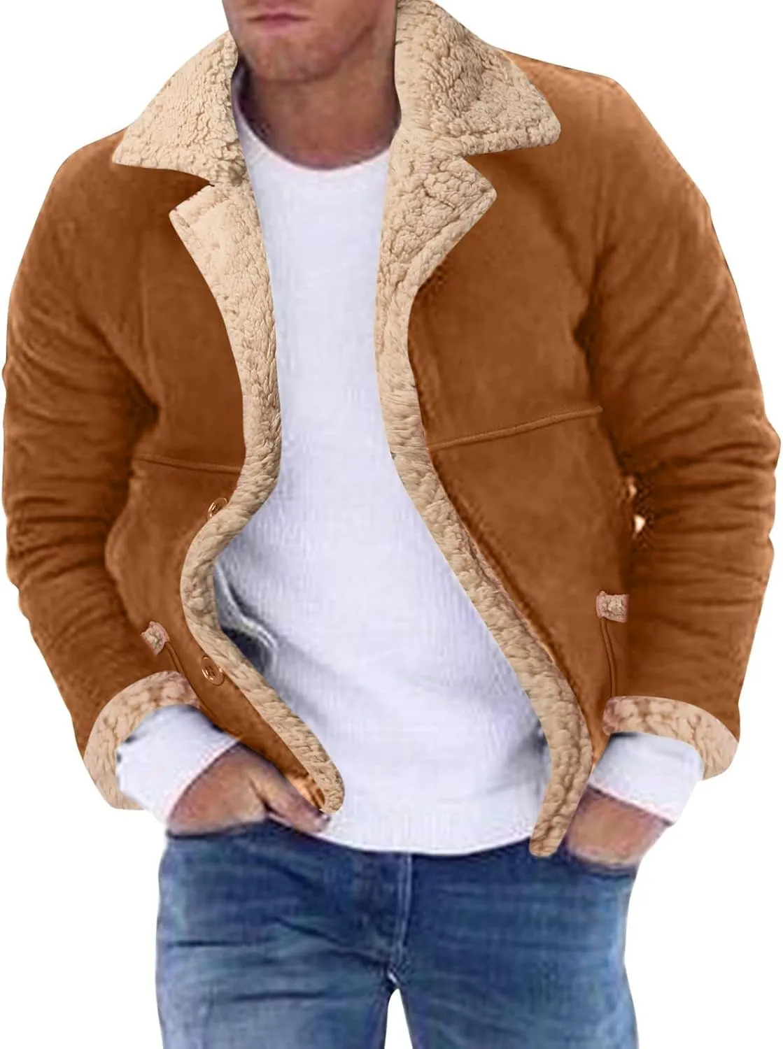 Suede Jacket Men Shearling Fur Lined Bomber Jacket Warm Winter Coat Crop Faux Leather Jacket Lapel Casual Outwear