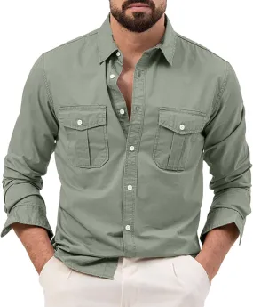 Tactical Shirts for Men Long Sleeve Cargo Work Shirt Casual Button Down Summer Beach Plain Collared Tshirts with Pockets