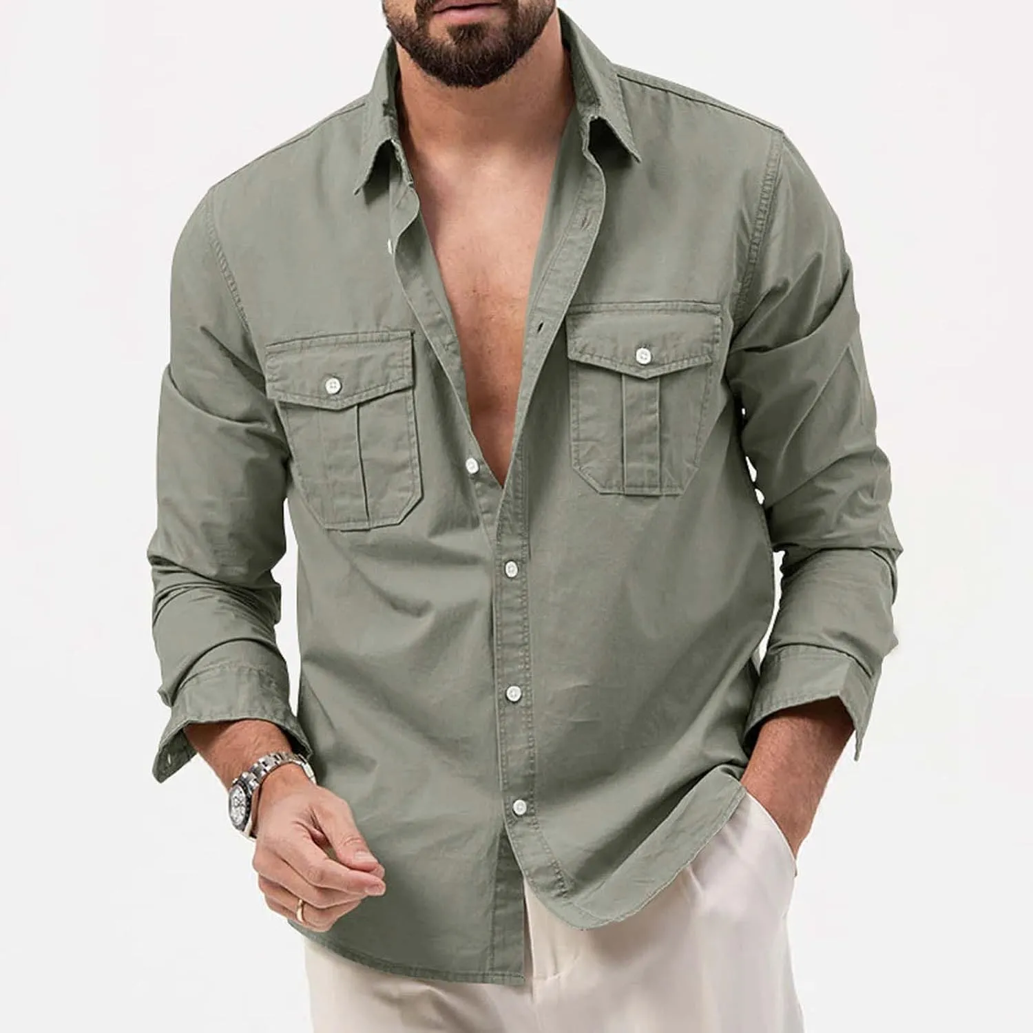 Tactical Shirts for Men Long Sleeve Cargo Work Shirt Casual Button Down Summer Beach Plain Collared Tshirts with Pockets