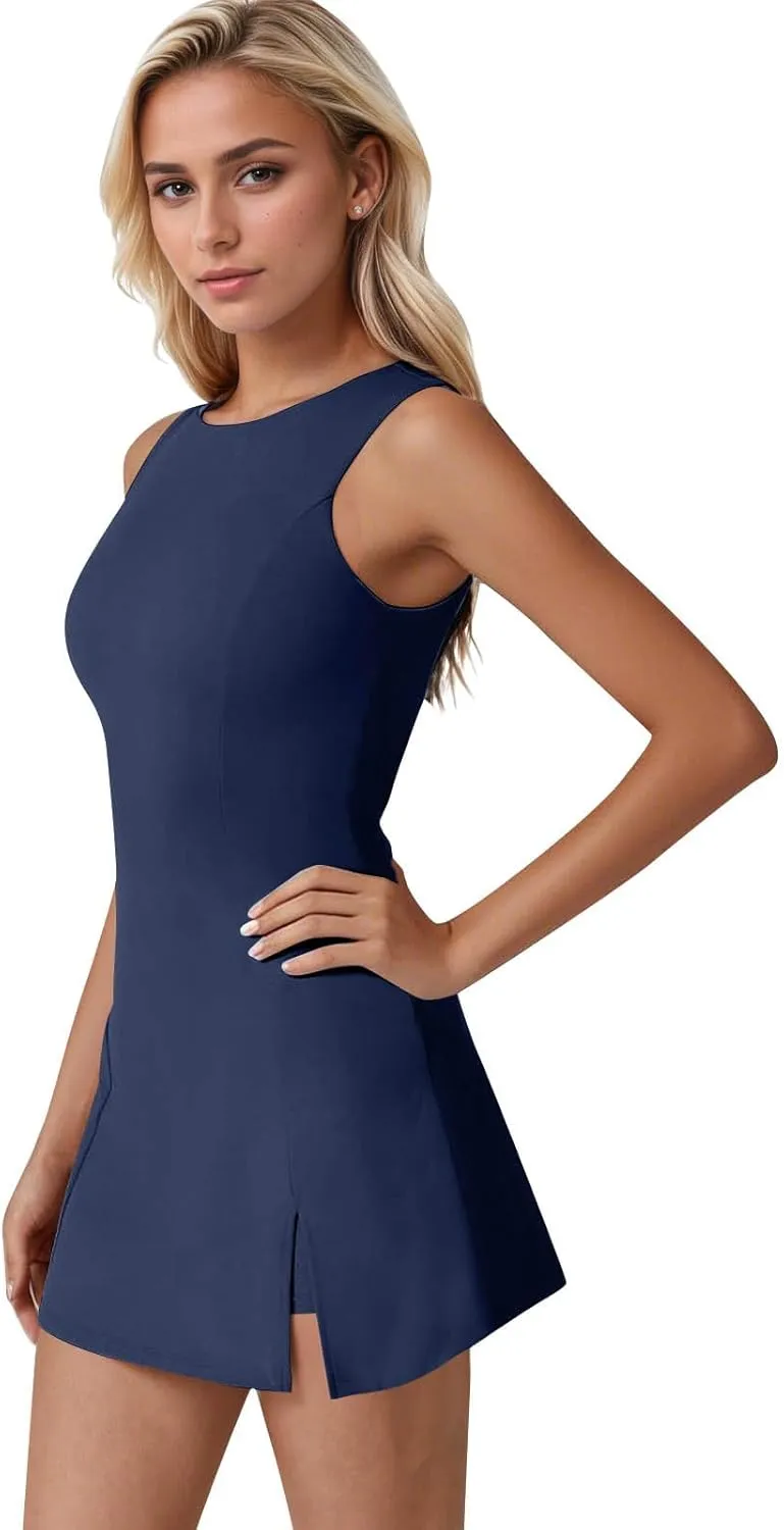 Tennis Dresses for Women with Shorts Athletic Side Slit Golf Dresses Sleeveless Crew Neck Mini Dress with Pockets