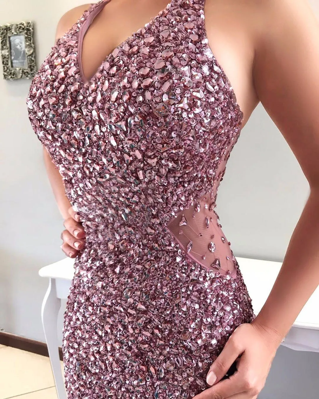 Trumpet/Mermaid Halter Sweep Train Tulle Full Sequined Evening Dress 3060