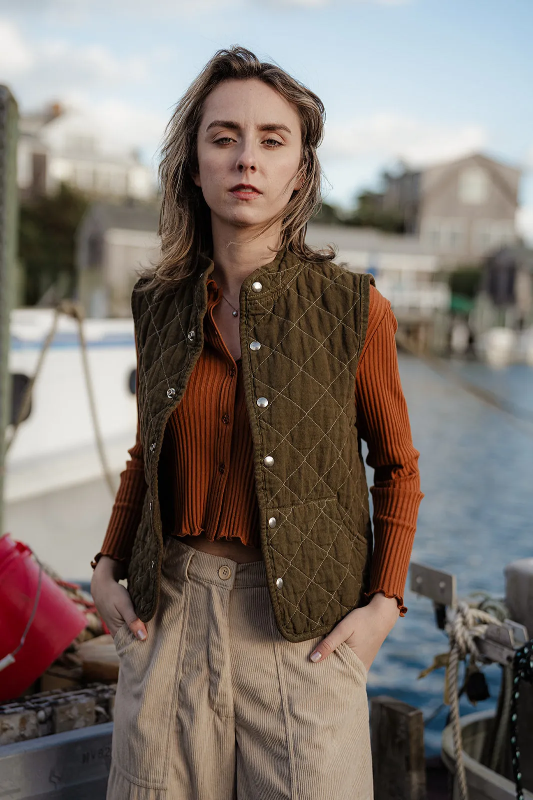 Utility Canvas Quilted Snap Vest - Olive Green Vest