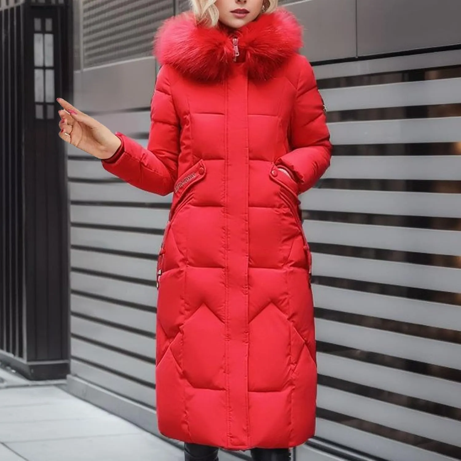 Warm Winter Coats for Women Plus Size Quilted Thicken Puffer Jacket Fleece Lined Parka Jacket with Faux Fur Trim Hood