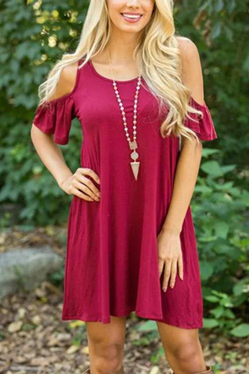 Wholesale Burgundy Cold Shoulder Short Sleeve Mini Dresses