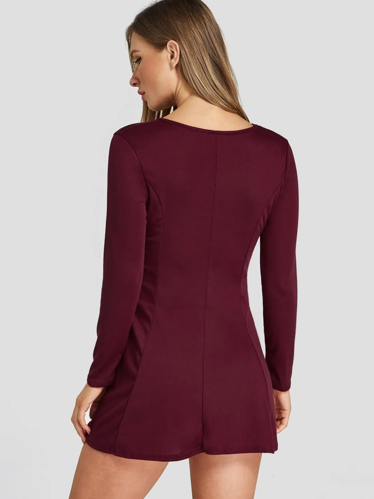 Wholesale Burgundy V-Neck 3/4 Sleeve Length Criss-Cross Mini Dress