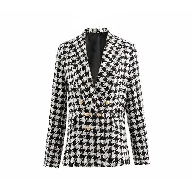 Women Tweed Jackets 2021 Fashion Office Ladies Black Tassel Houndstooth Coats Female Autumn Vintage Thick Plaid Coat Girls Chic