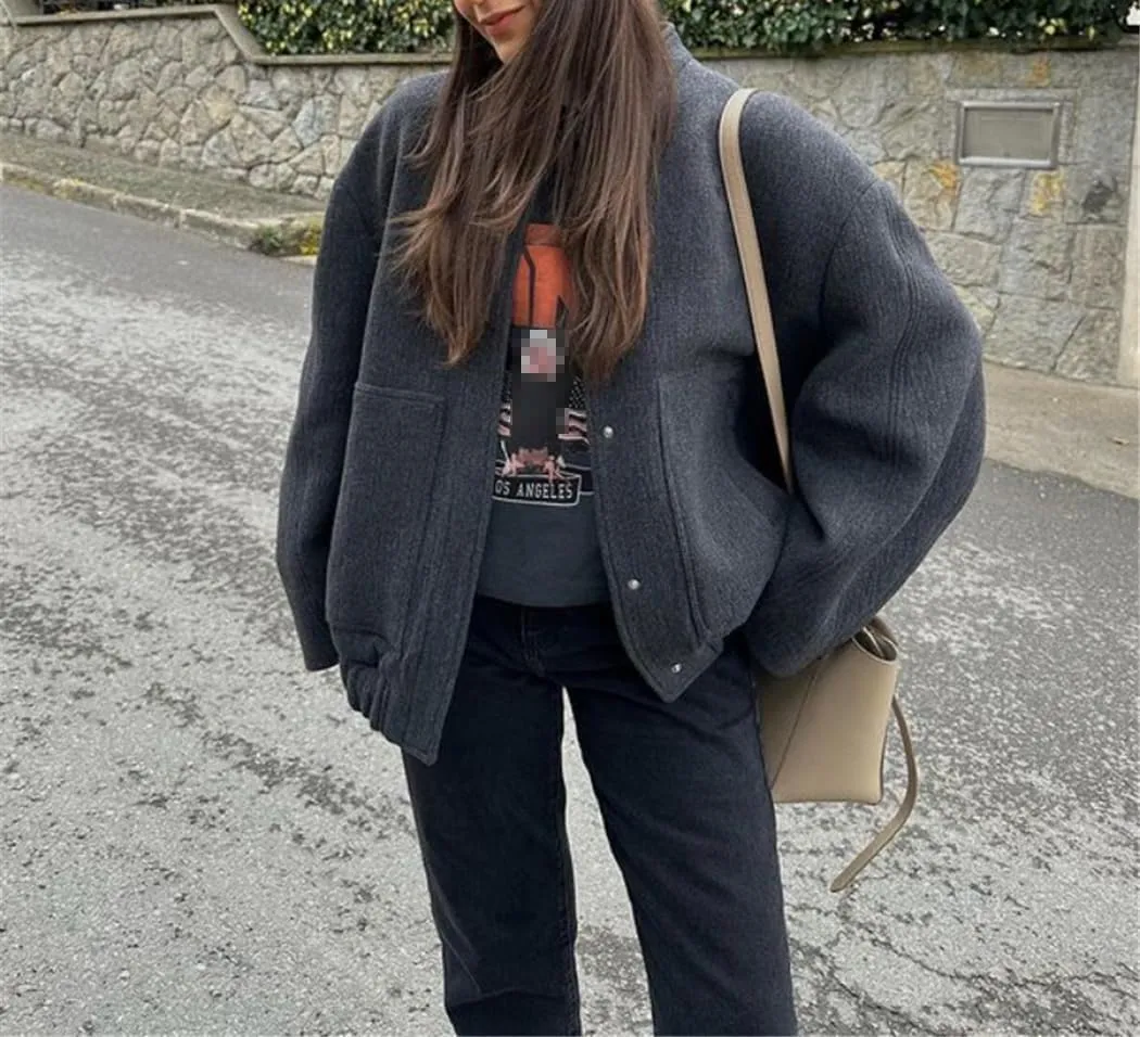 Women Wool Blends Bombers Jackets Button Closure Long Sleeve Coat Spring Autumn Casual Loose Solid Outerwear