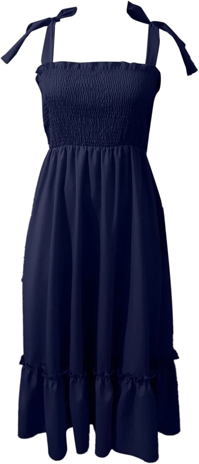 Women's 2025 Summer Boho Dress Spaghetti Strap Square Neck Solid Color Dresses Ruffle A Line Beach Long Maxi Dress