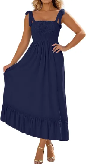 Women's 2025 Summer Boho Dress Spaghetti Strap Square Neck Solid Color Dresses Ruffle A Line Beach Long Maxi Dress