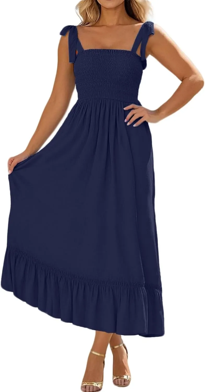 Women's 2025 Summer Boho Dress Spaghetti Strap Square Neck Solid Color Dresses Ruffle A Line Beach Long Maxi Dress
