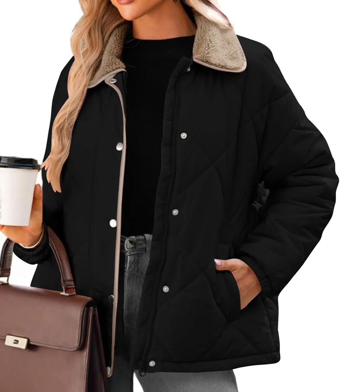Womens Quilted Jackets Lightweight Fashion Fur Lapel Zip Button Long Sleeve Puffer Down Winter Warm Casual Jacket