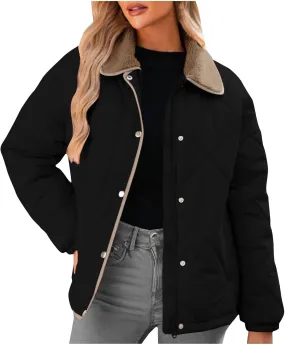 Womens Quilted Jackets Lightweight Fashion Fur Lapel Zip Button Long Sleeve Puffer Down Winter Warm Casual Jacket