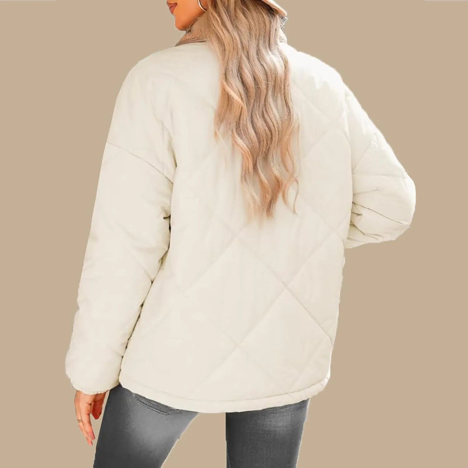 Womens Quilted Jackets Lightweight Fashion Fur Lapel Zip Button Long Sleeve Puffer Down Winter Warm Casual Jacket